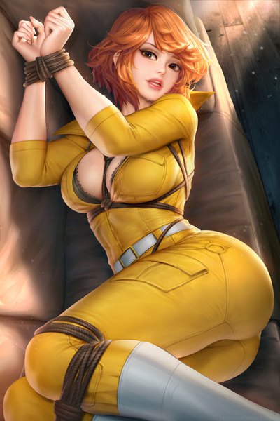 Anime picture 2400x3597 with teenage mutant ninja turtles april o'neil nudtawut thongmai single tall image looking at viewer fringe highres short hair breasts open mouth light erotic large breasts brown eyes ass lying from above lips orange hair realistic