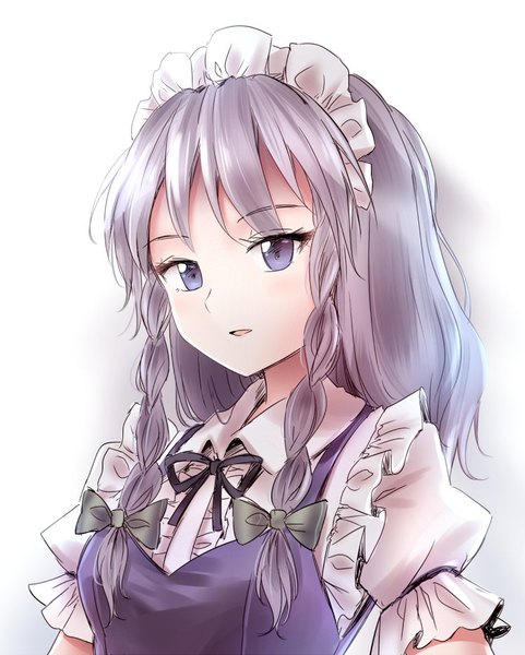 Anime picture 750x935 with touhou izayoi sakuya minust single long hair tall image fringe simple background white background purple eyes looking away silver hair upper body braid (braids) parted lips short sleeves maid puffy sleeves twin braids girl