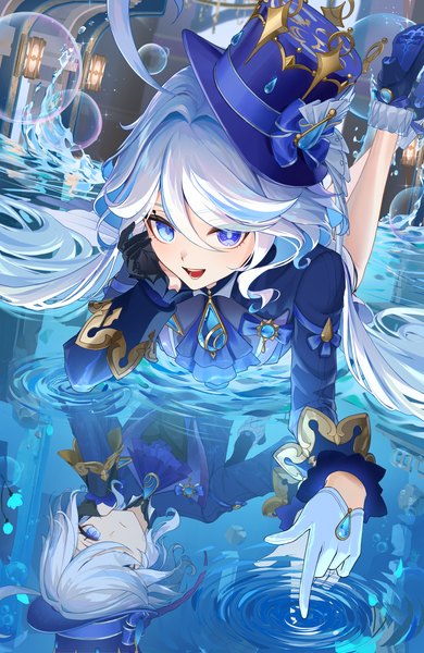 Anime picture 3112x4792 with genshin impact furina (genshin impact) bibi (obb spl) single tall image looking at viewer highres open mouth blue eyes absurdres silver hair ahoge lying very long hair :d heterochromia reflection on stomach head rest ripples