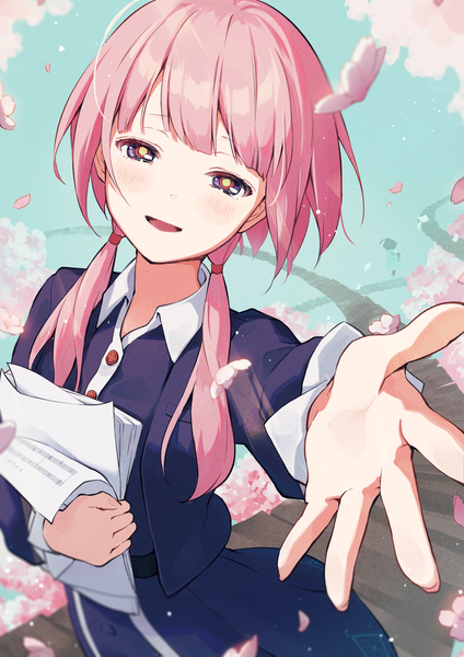 Anime picture 2480x3508 with virtual youtuber kamitsubaki studio virtual kaf kaf (kamitsubaki studio) memori (egachachachan) single long hair tall image looking at viewer fringe highres open mouth blue eyes twintails pink hair :d low twintails cherry blossoms outstretched hand girl