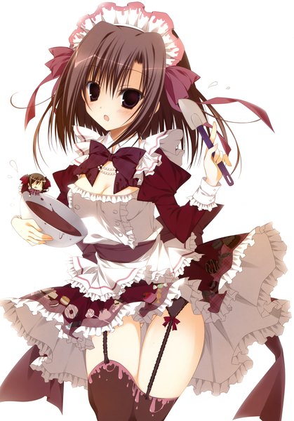 Anime picture 2446x3500 with ebiten anime international company todayama kyouko todayama izumiko inugami kira tall image blush highres short hair open mouth light erotic red eyes brown hair scan maid girl thighhighs black thighhighs food frills