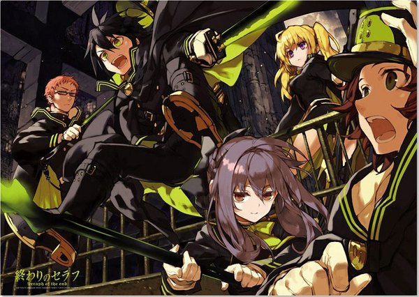 Anime picture 804x572 with owari no seraph wit studio hiiragi shinoa hyakuya yuuichirou sanguu mitsuba kimizuki shihou saotome yoichi tagme (artist) long hair short hair open mouth black hair purple eyes multiple girls brown eyes green eyes purple hair light smile official art multiple boys