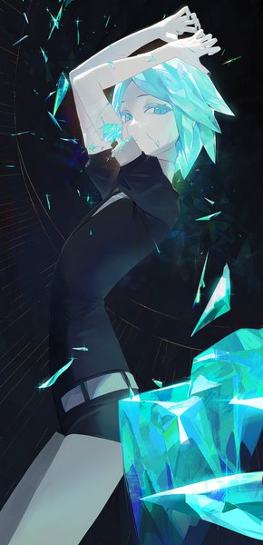 Anime picture 1500x3105 with houseki no kuni phosphophyllite modare single tall image looking at viewer short hair aqua eyes aqua hair arms up arched back androgynous amputee uniform gem