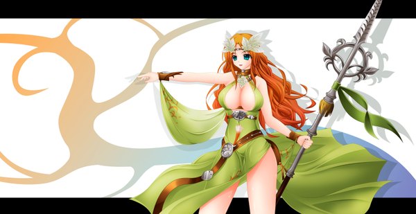 Anime picture 1550x800 with final fantasy square enix single long hair breasts blue eyes light erotic wide image large breasts orange hair girl weapon staff