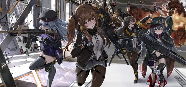 Anime picture 7712x3635 with girls frontline hk416 (girls frontline) ump45 (girls frontline) ump9 (girls frontline) g11 (girls frontline) dinergate (girls frontline) ssamjang (misosan) long hair blush fringe highres open mouth hair between eyes brown hair wide image twintails multiple girls holding brown eyes absurdres