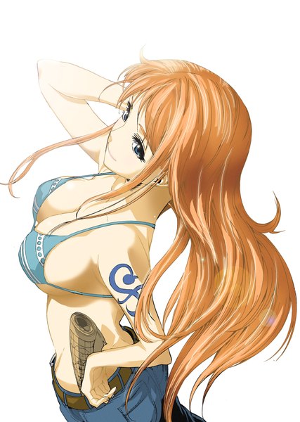 Anime picture 1181x1658 with one piece toei animation nami (one piece) nagasode fusoku single long hair tall image fringe breasts blue eyes light erotic simple background white background bare shoulders from above light smile orange hair tattoo hand on head girl