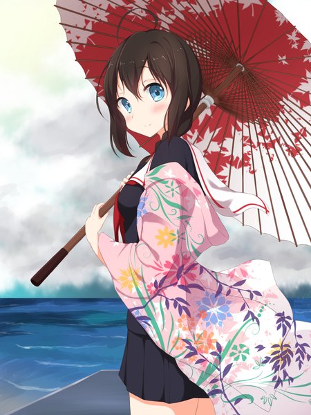 Anime picture 1425x1900 with kantai collection shigure destroyer numpopo single tall image looking at viewer blush short hair blue eyes smile brown hair cloud (clouds) ahoge braid (braids) traditional clothes japanese clothes pleated skirt light smile single braid girl