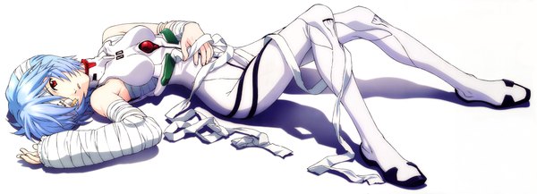 Anime picture 10000x3625 with neon genesis evangelion gainax ayanami rei highres short hair red eyes wide image blue hair absurdres lying pale skin incredibly absurdres girl bandage (bandages) eyepatch pilot suit