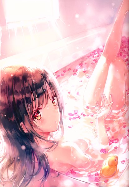 Anime picture 4852x7016 with original sano mana hiten (hitenkei) single long hair tall image looking at viewer blush fringe highres light erotic hair between eyes brown hair absurdres bent knee (knees) indoors parted lips looking back from above nude