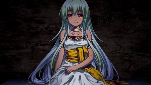 Anime picture 1280x720 with & - sora no mukou de sakimasu you ni saeki hokuto single long hair wide image yellow eyes game cg aqua hair girl dress