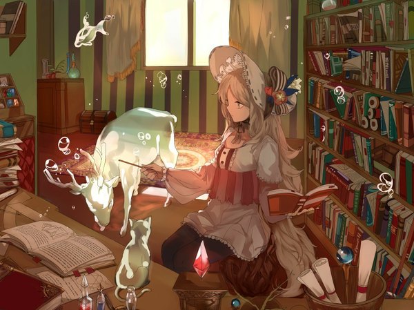 Anime picture 1019x764 with original ran (pixiv2957827) blue eyes blonde hair very long hair magic witch girl dress animal window book (books) cat bubble (bubbles) fish (fishes) crystal paper shelf bookshelf basket