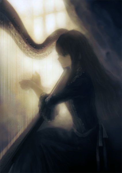 Anime picture 744x1052 with original mikebosi single long hair tall image fringe black hair sitting profile playing instrument girl dress ribbon (ribbons) window scarf curtains musical instrument harp