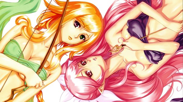 Anime picture 1920x1080 with eiwa long hair looking at viewer highres light erotic simple background blonde hair wide image white background purple eyes multiple girls holding brown eyes green eyes pink hair lying pink eyes pointy ears multicolored eyes sideways