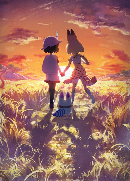 Anime picture 1323x1840 with kemono friends serval (kemono friends) kaban (kemono friends) lucky beast (kemono friends) yorudou tall image short hair standing multiple girls animal ears sky cloud (clouds) full body outdoors tail animal tail from behind shadow holding hands evening