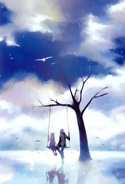 Anime picture 2386x3498 with weightlessness space (artbook) vocaloid hatsune miku hatsune mikuo chris (pixiv) tall image highres sitting sky cloud (clouds) back reflection girl boy plant (plants) animal tree (trees) bird (birds) swing