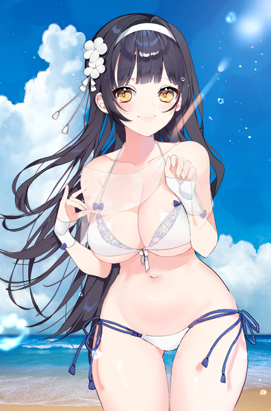 Anime picture 1224x1856 with girls frontline type 95 (girls frontline) type 95 (summer cicada) (girls frontline) myao (o3o333) single long hair tall image looking at viewer breasts light erotic black hair smile large breasts yellow eyes sky cloud (clouds) beach official alternate costume underboob ass visible through thighs