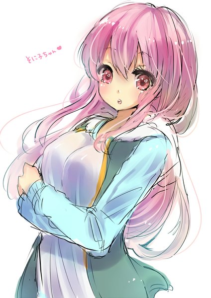 Anime picture 800x1131 with nitroplus super sonico noda shuha single long hair tall image looking at viewer blush fringe breasts open mouth simple background large breasts standing white background pink hair long sleeves open clothes open jacket character names