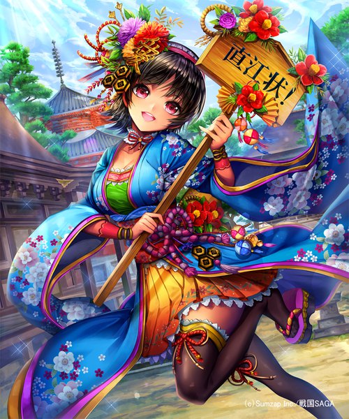 Anime picture 833x1000 with sengoku saga ells (ellsat) single tall image looking at viewer blush fringe short hair breasts open mouth black hair smile red eyes standing holding sky cleavage cloud (clouds) outdoors traditional clothes