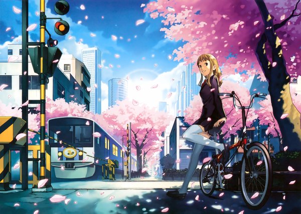 Anime picture 4168x2973 with original katoh akatsuki long hair highres short hair blue eyes blonde hair smile absurdres cherry blossoms elf spring girl thighhighs uniform school uniform petals white thighhighs ground vehicle skyscraper