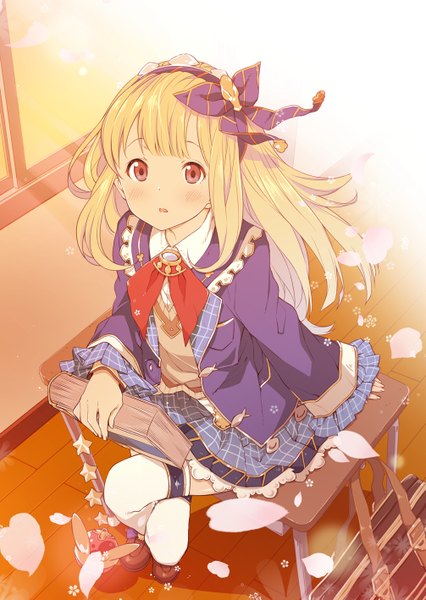 Anime picture 1005x1417 with granblue fantasy cagliostro (granblue fantasy) 2c=galore single long hair tall image looking at viewer blush fringe open mouth blonde hair red eyes sitting from above sunlight shadow crossed legs evening sunset girl
