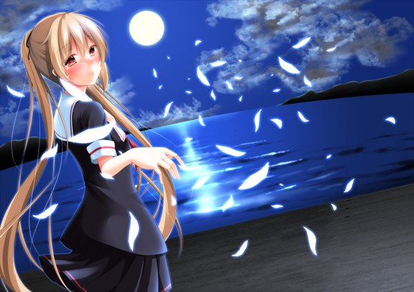 Anime picture 1550x1095 with kantai collection murasame destroyer narukami ginryuu single looking at viewer blush blonde hair red eyes cloud (clouds) very long hair night tears girl petals moon sailor suit
