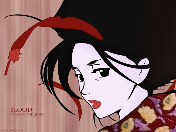 Anime picture 1600x1200 with blood+ production i.g otonashi saya single black hair lips black eyes girl feather (feathers)