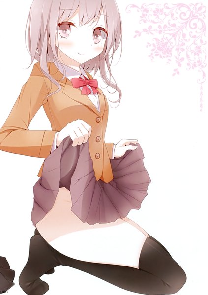 Anime picture 2470x3500 with original oouso (usotsukiya) single tall image looking at viewer blush highres short hair light erotic simple background brown hair white background brown eyes scan skirt lift girl thighhighs uniform black thighhighs school uniform