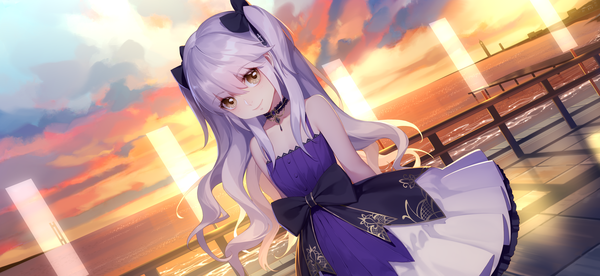 Anime picture 4334x2000 with romantic saga of beauty & devil daye bie qia lian single long hair looking at viewer blush fringe highres hair between eyes wide image standing bare shoulders yellow eyes payot sky silver hair cloud (clouds) outdoors two side up dutch angle