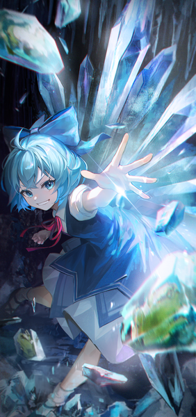Anime picture 1264x2688 with touhou cirno kyusoukyu single tall image looking at viewer fringe short hair blue eyes smile hair between eyes blue hair ahoge grin girl dress bow hair bow wings ice