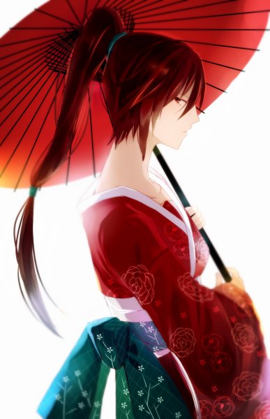 Anime picture 1605x2485 with league of legends yosuki (artist) single long hair tall image looking at viewer simple background red eyes white background ponytail red hair traditional clothes profile girl umbrella oriental umbrella