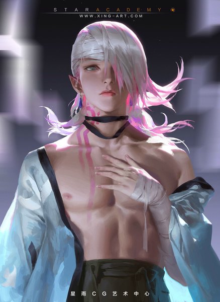 Anime picture 1460x2000 with onmyoji ichimoku ren (onmyoji) starlab single long hair tall image fringe pink hair silver hair upper body pointy ears hair over one eye realistic hand on chest gradient hair bodypaint boy earrings bandage (bandages)