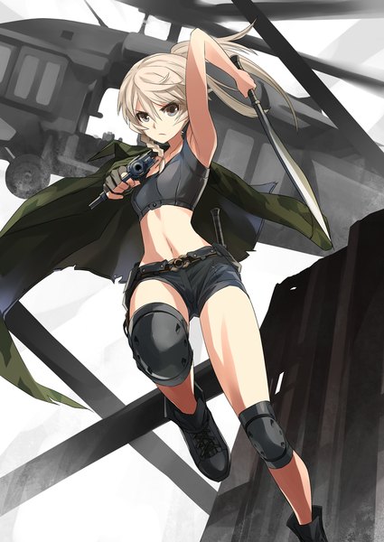 Anime picture 720x1017 with original kriss sison single tall image looking at viewer holding ponytail braid (braids) midriff legs single braid serious girl navel weapon sword shorts boots gun short shorts