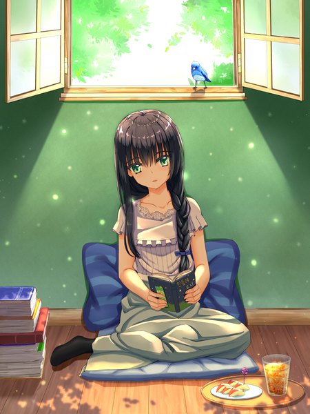 Anime picture 3000x4000 with original star-ring single long hair tall image looking at viewer blush fringe highres open mouth black hair hair between eyes sitting holding green eyes full body indoors braid (braids) sunlight single braid