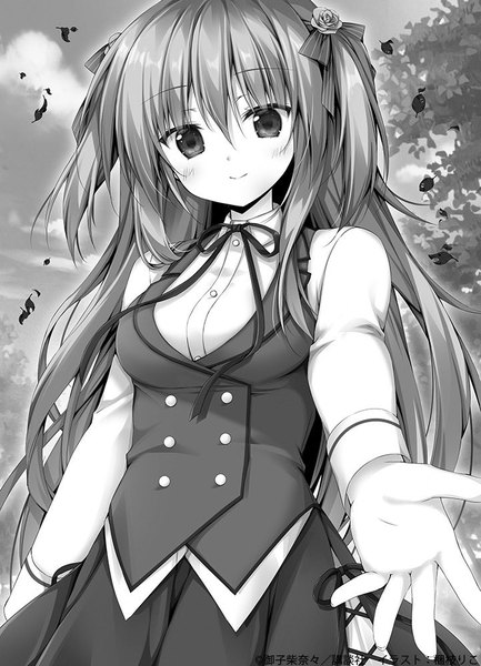 Anime picture 721x1000 with hyouken no majutsushi ga sekai wo suberu amelia rose korie riko single long hair tall image looking at viewer blush fringe breasts smile hair between eyes long sleeves hair flower official art two side up monochrome outstretched hand novel illustration girl