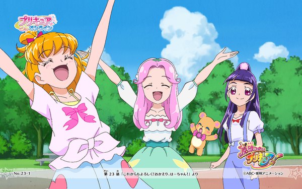 Anime picture 1280x800 with precure mahou girls precure! toei animation asahina mirai izayoi riko hanami kotoha mofurun (mahou girls precure!) ha-chan (mahou girls precure!) long hair open mouth blonde hair smile purple eyes multiple girls blue hair pink hair sky cloud (clouds) eyes closed girl