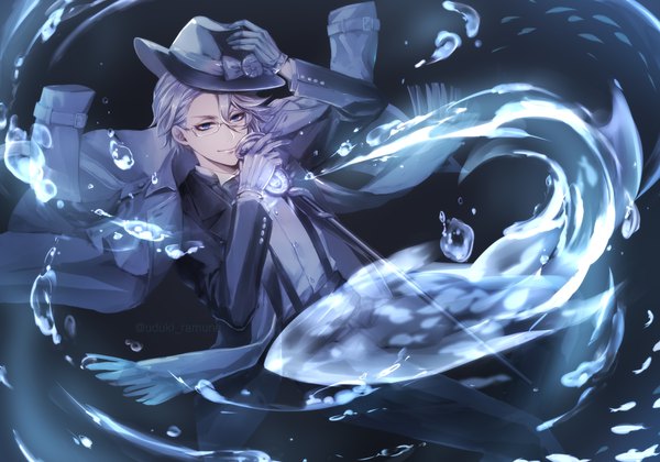 Anime picture 2500x1750 with twisted wonderland azul ashengrotto yamaneko514 single highres short hair blue eyes smile silver hair underwater clothes on shoulders adjusting hat boy gloves hat glasses scarf bubble (bubbles) hat ribbon cane