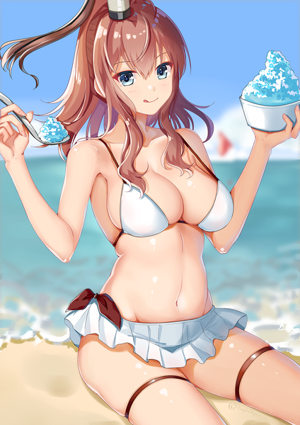 Anime picture 1447x2047 with kantai collection saratoga (kantai collection) mahou shounen single long hair tall image looking at viewer blush fringe breasts blue eyes light erotic smile hair between eyes brown hair large breasts sitting holding payot sky