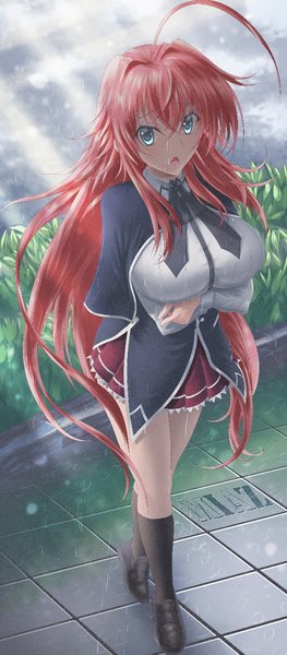 Anime picture 650x1483 with highschool dxd rias gremory miaz.artt single long hair tall image looking at viewer fringe breasts open mouth blue eyes hair between eyes large breasts standing signed full body ahoge outdoors red hair pleated skirt