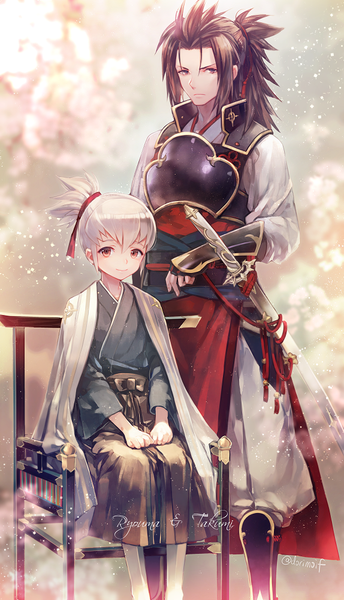 Anime picture 574x1000 with fire emblem fire emblem fates takumi (fire emblem if) ryouma (fire emblem if) miyuki ruria long hair tall image looking at viewer fringe short hair smile brown hair standing sitting brown eyes signed white hair ponytail traditional clothes japanese clothes