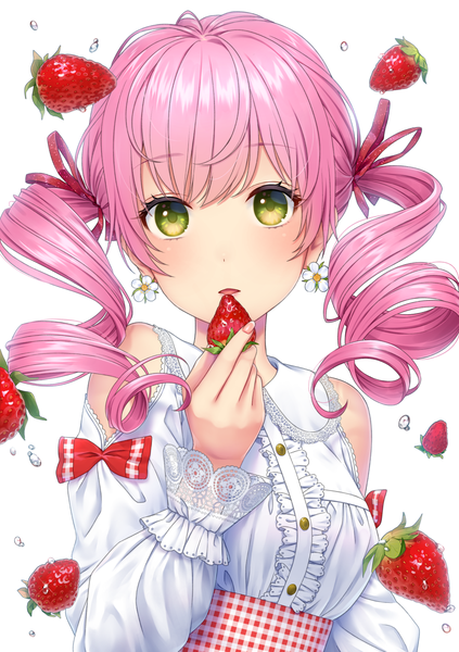 Anime picture 1000x1419 with original daidai jamu single long hair tall image looking at viewer blush fringe open mouth white background twintails bare shoulders holding green eyes pink hair upper body drill hair girl flower (flowers) bow