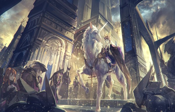 Anime picture 2270x1447 with original pixiv fantasia pixiv fantasia new world alcd long hair highres blue eyes blonde hair standing sitting yellow eyes sky cloud (clouds) white hair long sleeves horn (horns) grey hair orange hair city group