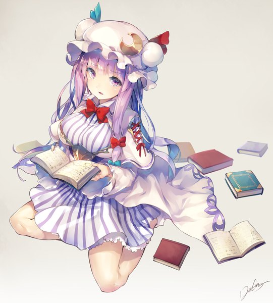 Anime picture 1122x1244 with touhou patchouli knowledge deecha single long hair tall image looking at viewer simple background sitting purple eyes signed purple hair full body from above grey background striped girl bow hair bow hat