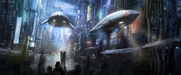 Anime picture 2400x1000 with original tagme (artist) highres wide image standing city light cityscape flying street lantern people ufo