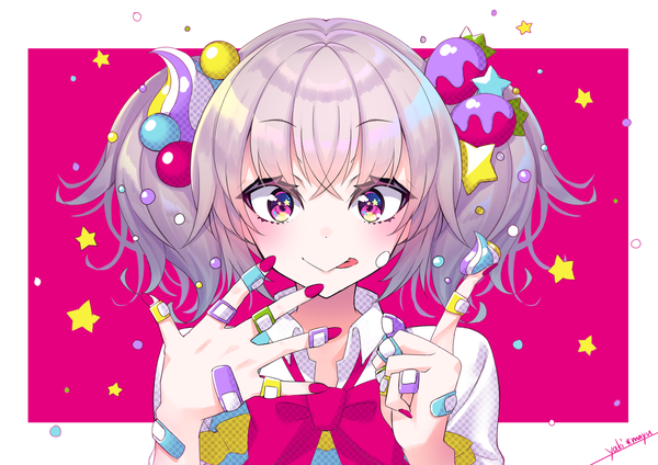 Anime picture 1754x1240 with original yaki mayu single highres short hair twintails signed silver hair upper body nail polish pink eyes short twintails pink background :p pink nail polish bandaid on hand girl tongue bowtie star (symbol)