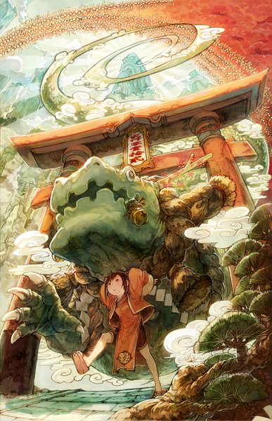 Anime picture 1000x1552 with original burari single tall image short hair brown hair full body traditional clothes from below chinese clothes new year fantasy walking girl plant (plants) tree (trees) bell jingle bell dragon torii