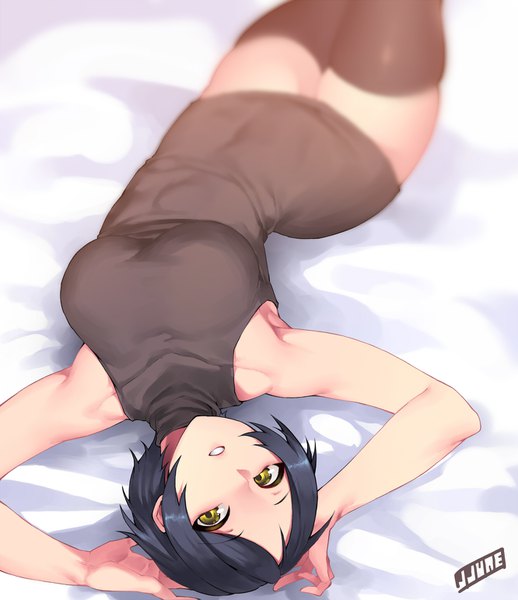 Anime picture 1332x1542 with idolmaster idolmaster cinderella girls hayami kanade jjune single tall image looking at viewer short hair breasts open mouth light erotic black hair bare shoulders signed yellow eyes parted lips arms up armpit (armpits) zettai ryouiki sleeveless