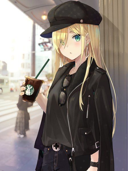 Anime picture 1447x1932 with original starbucks kotona matome isegawa yasutaka single long hair tall image looking at viewer blush fringe open mouth blonde hair standing holding green eyes outdoors hair over one eye open jacket :o clothes on shoulders