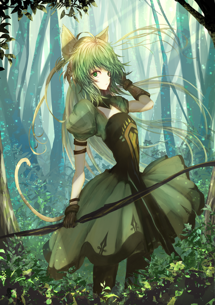 Anime picture 1528x2162 with fate (series) fate/grand order atalanta (fate) kaze minoru so-ru single long hair tall image looking at viewer fringe breasts blonde hair holding green eyes animal ears payot ahoge tail braid (braids) profile multicolored hair