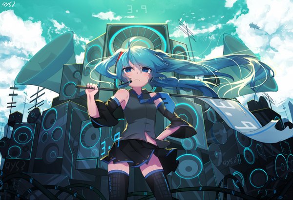 Anime picture 1500x1028 with vocaloid hatsune miku qys3 single looking at viewer blush blue eyes twintails bare shoulders sky cloud (clouds) very long hair aqua hair girl skirt hair ornament detached sleeves miniskirt necktie speakers