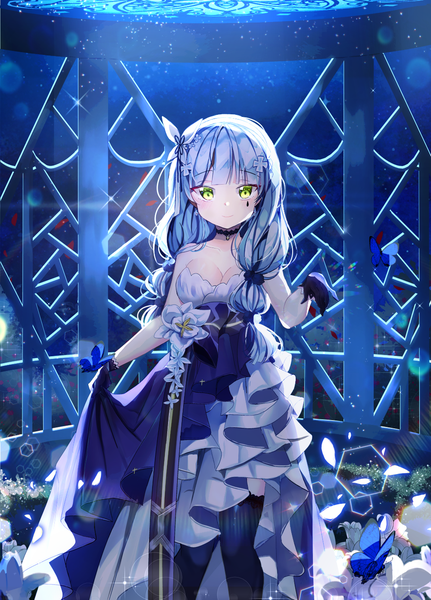 Anime picture 1000x1391 with girls frontline hk416 (girls frontline) hk416 (starry cocoon) (girls frontline) seno (senohime) single long hair tall image looking at viewer blush fringe breasts standing twintails green eyes cleavage silver hair blunt bangs light smile night sparkle